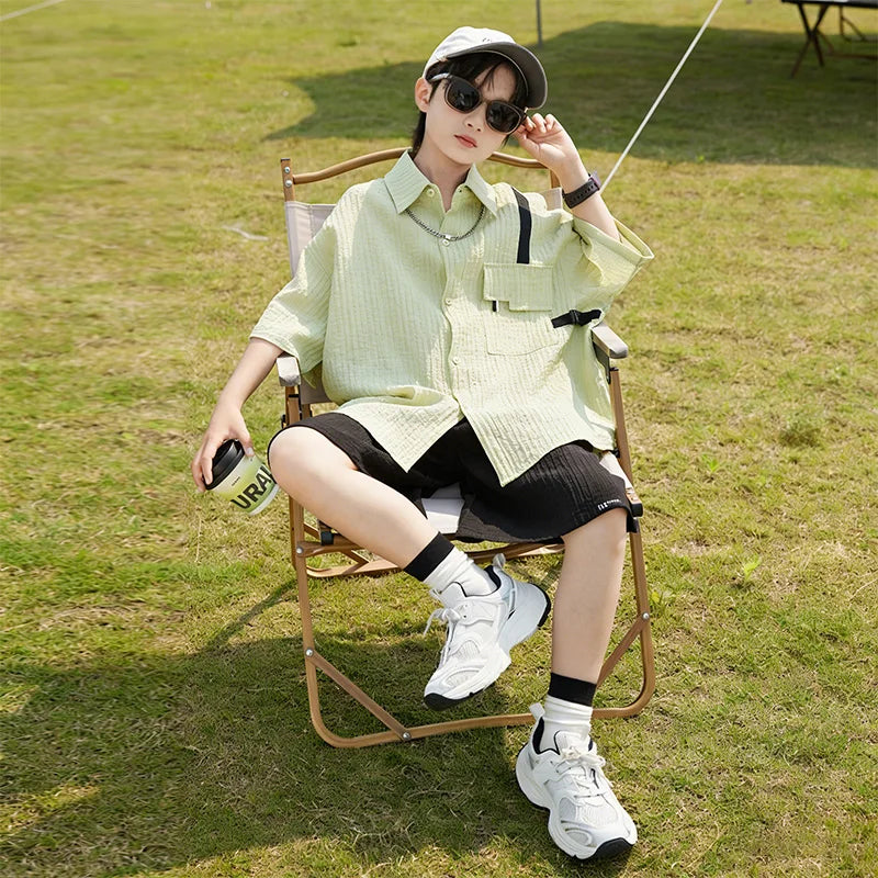 New Children Summer Thin Short Sleeved Shirt Shorts Two Piece Set Children Stylish Clothing Trend