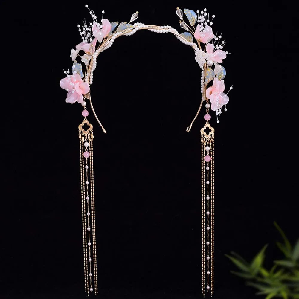 Flower Hanfu Tassel Hair Hoop Beads Crown Chinese Ancient Hairband Double-layer Alloy Swaying Fairy Headwear Hairstyle Tool