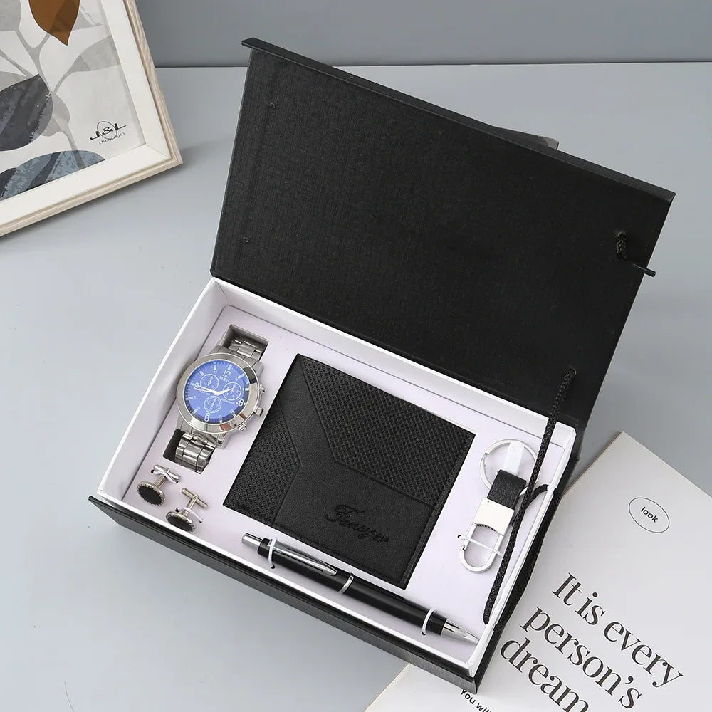 New Watch Men's Gift Set with Box Belt Wallet Set Keychain Sunglasses Cufflinks Ballpoint Pen Father's Day Gift Business Box Set