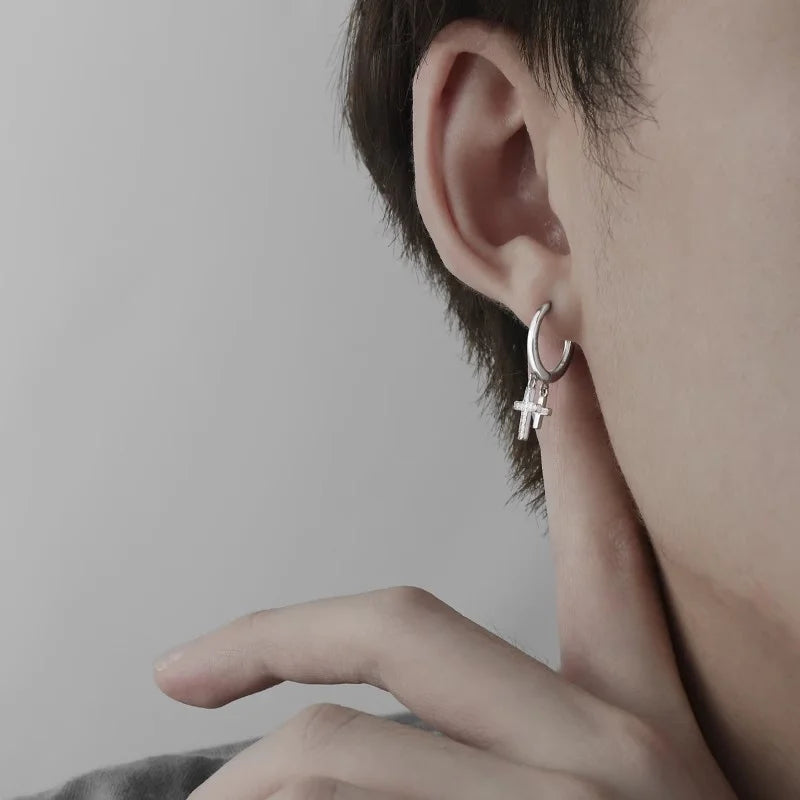 Trendy 925 Sterling Silver Earrings For Men Jewelry Classic Double Cross Drop Earrings Male Personality  Asymmetric Ear Buckle
