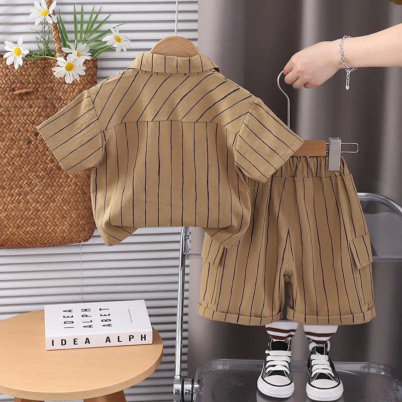 New Fashion Soft and Comfortable Children's Coffee Vertical Stripe Shirt Shorts Three-piece Set Kids Clothes Boys