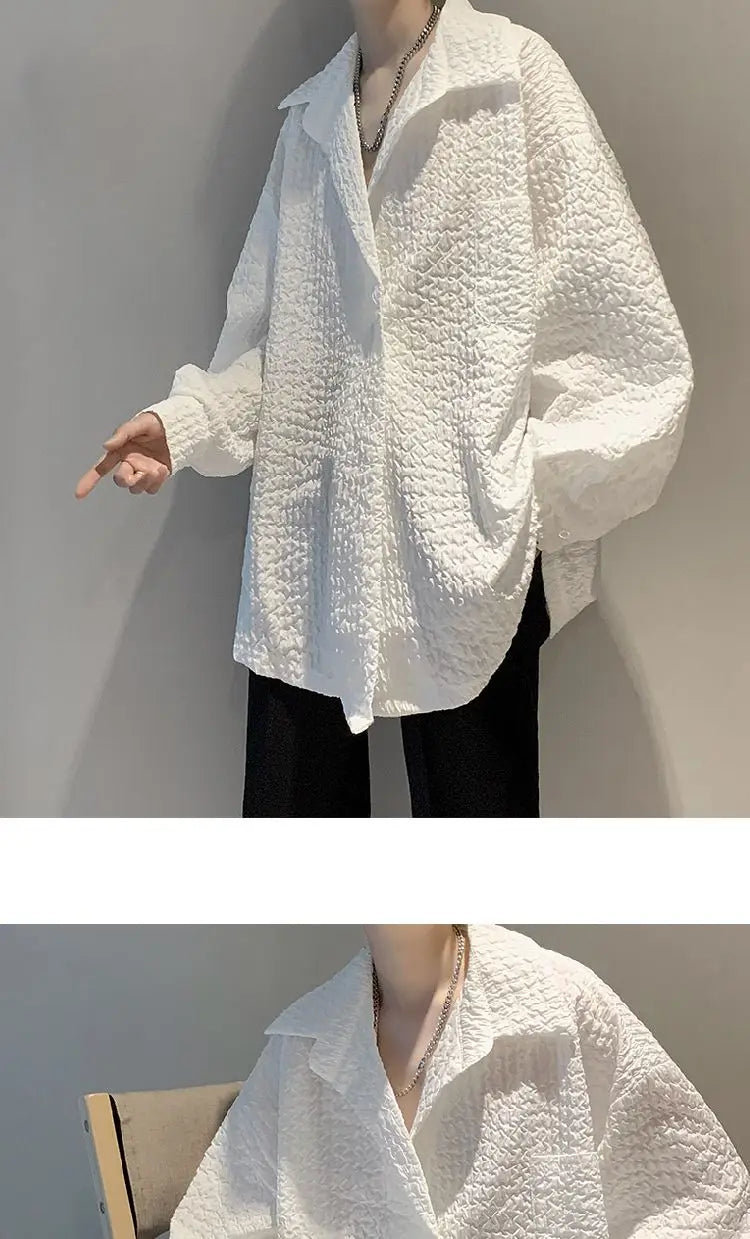 Men's White Textured Oversized Long Sleeve Shirt Loose Casual Wrinkle Fabric Button Down Blouse Fashion Streetwear Tops