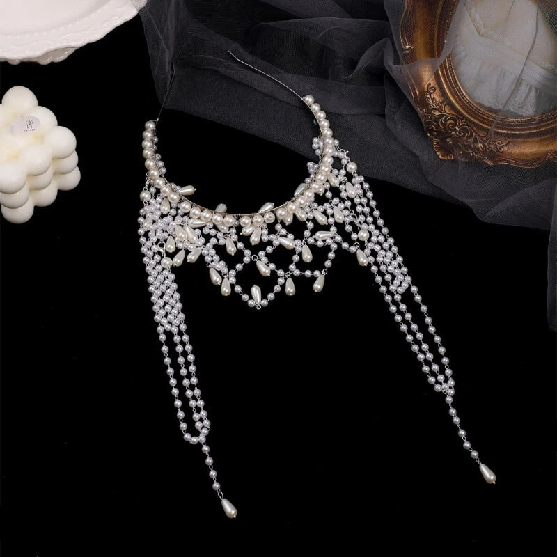 Handmade Imitation Pearls Bridal Hair Chain Elegant Wedding Headpiece Comfortable Headbands For Bride