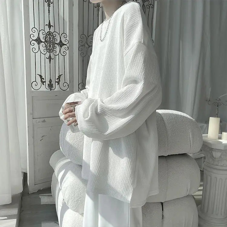 Men's Long Sleeve T-Shirt - Classic Versatile Spring/Autumn New Student Korean Style Loose  Drape Trendy Niche Solid Color Top