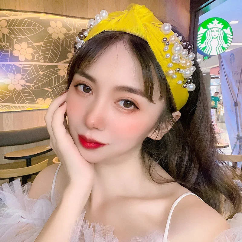 Fashion Pearl Hairbands Hair Accessories Women Solid Color Fabric Knotted Headbands Boutique
