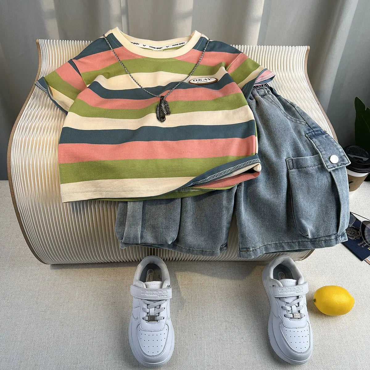 Korean Boys Summer Children's Top and Bottom 2PC Sets Short Sleeve T-Shirt & Denim Shorts Kids Clothes 1-7 Years Black Toddler
