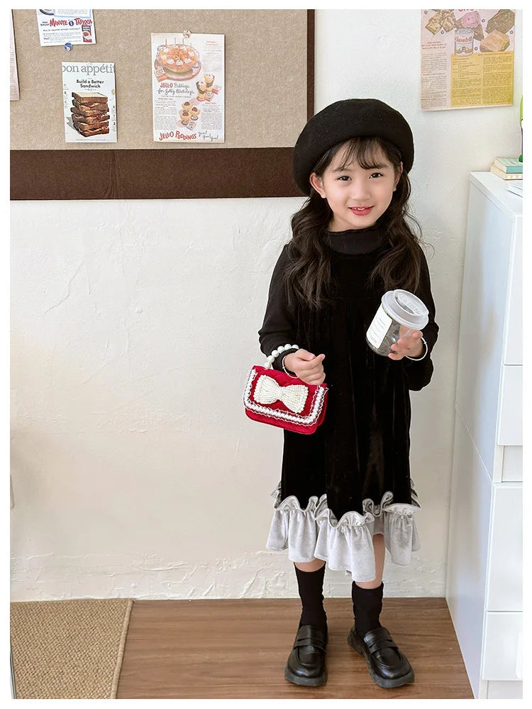 Sweet Bow Children's Small Square Shoulder Bag Sequin Lace Princess Girls Crossbody Bags Pearl Handle Coin Purse Handbags Gifts