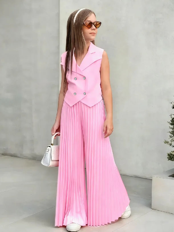 2025 Little Girls 2-Pieces Western-Style Outfit for Girls: Sleeveless Blazer Top+Wide-Leg Pleated Pants
