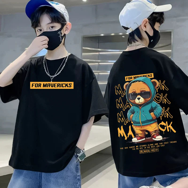 Summer 100% Cotton Boys Blue T-shirt Cool Graffiti Printed Girls Tees Short Sleeve Children Tops High Quality Kids Clothes