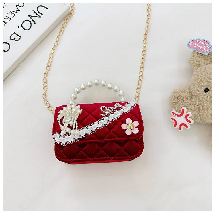 Sweet Bow Children's Small Square Shoulder Bag Sequin Lace Princess Girls Crossbody Bags Pearl Handle Coin Purse Handbags Gifts