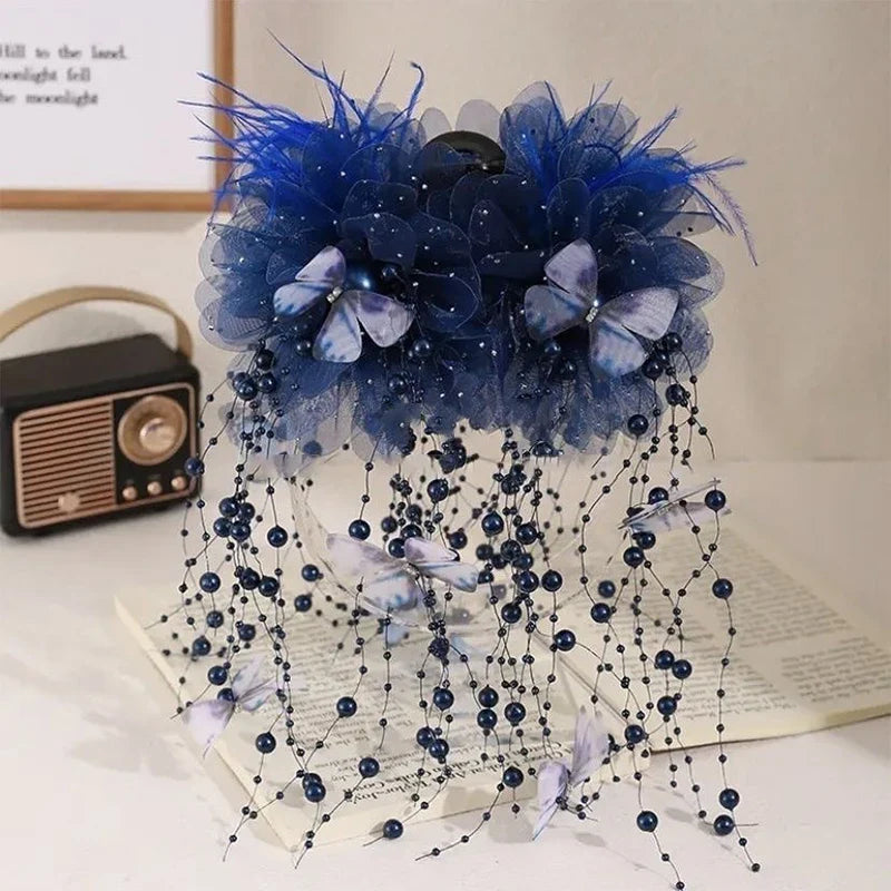 Fashion Fairy Butterfly Feather Tassel Hair Claw Shark Clips Temperament Mesh Flower Claw Clip Women Headwear Hair Accessories