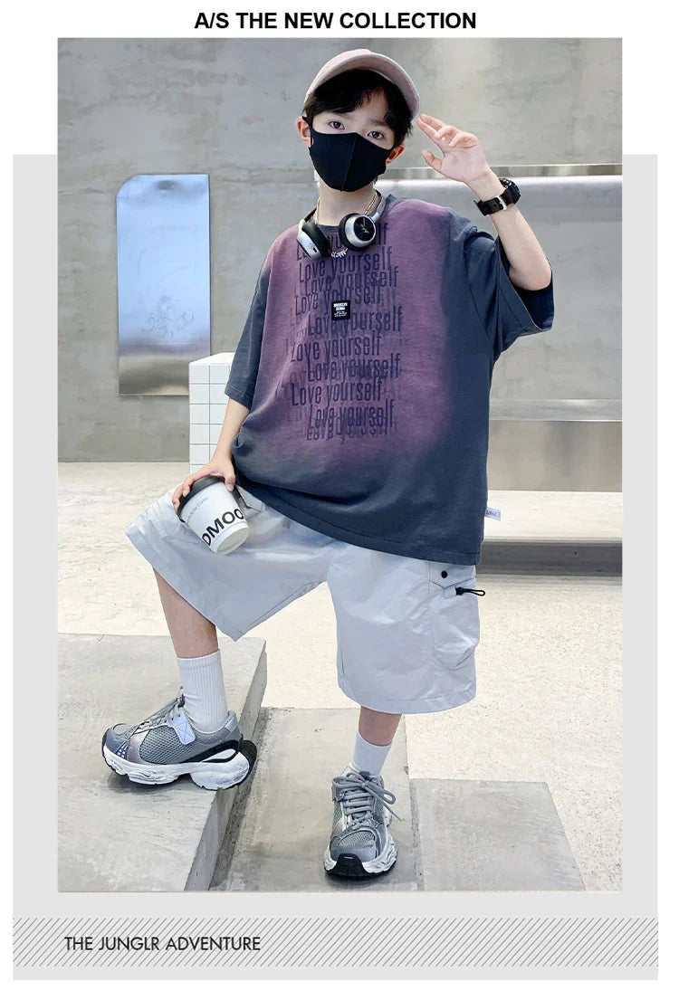 Summer Kids Outfit Sets for Boys Short Sleeve T-shirt Shorts 2PS Clothing Set Tweens Child Tracksuit Top and Bottom Clothes Set  (Available)