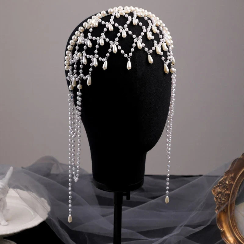 Handmade Imitation Pearls Bridal Hair Chain Elegant Wedding Headpiece Comfortable Headbands For Bride