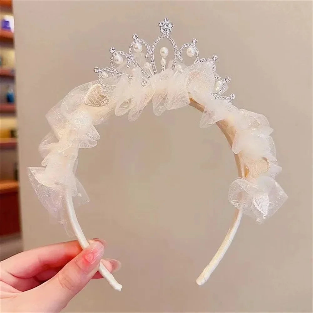 Sweet Princess Headband for Girl Mesh Pearl Crown Hair Hoop for Children Birthday Party Headwear