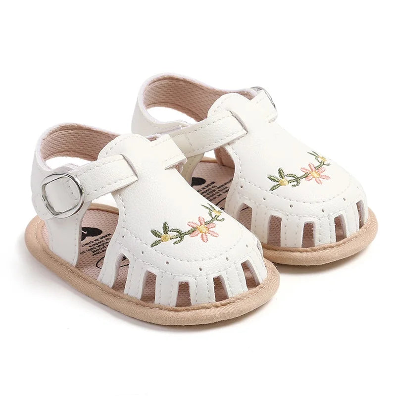 Newborn Infant Baby Girl PU Leather Embroidery Flower Sandals Summer Soft Sole Flat Princess Shoes Infant Non-Slip First Walkers