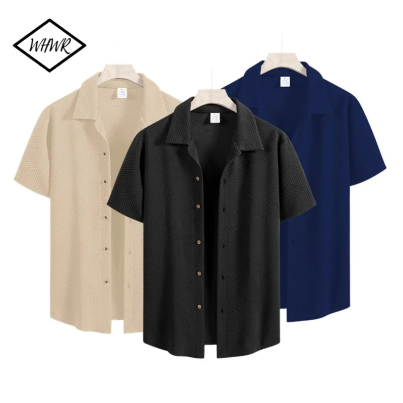 New Mens Short Sleeve T Shirts Trendy Breathable Solid Color Stand Up Collar Shirt Summer Loose Youth Basic Button T-shirt Top