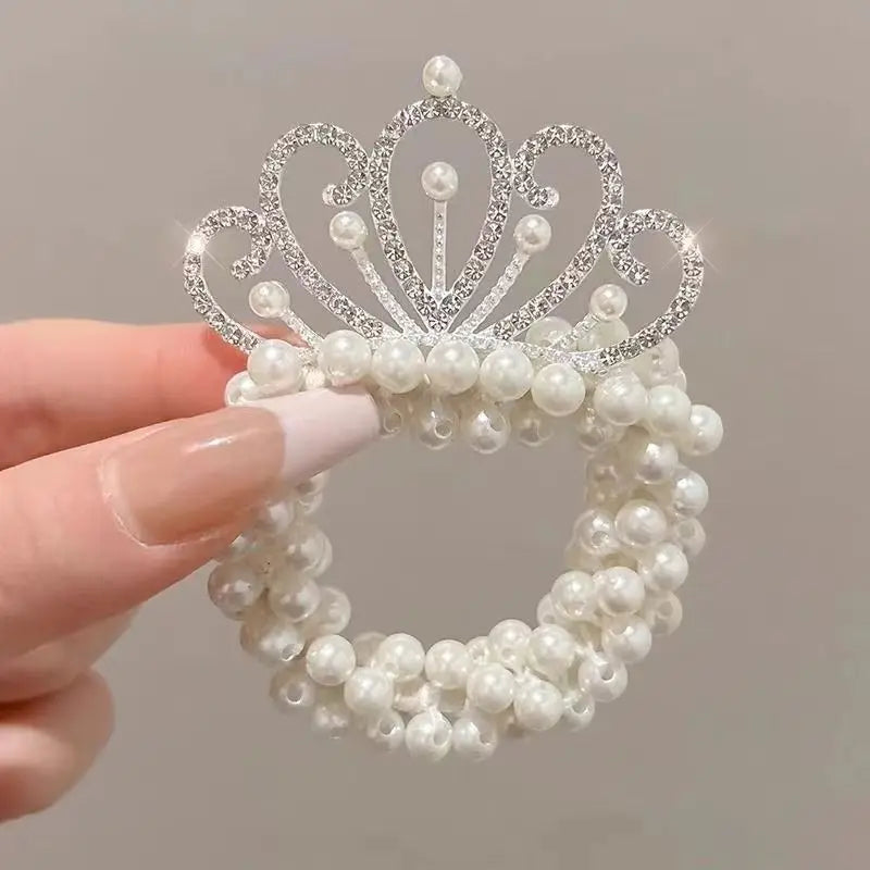 Fashion Pearl Crown Princess Cute Kids Hair Bands Elastic Rubber Bands