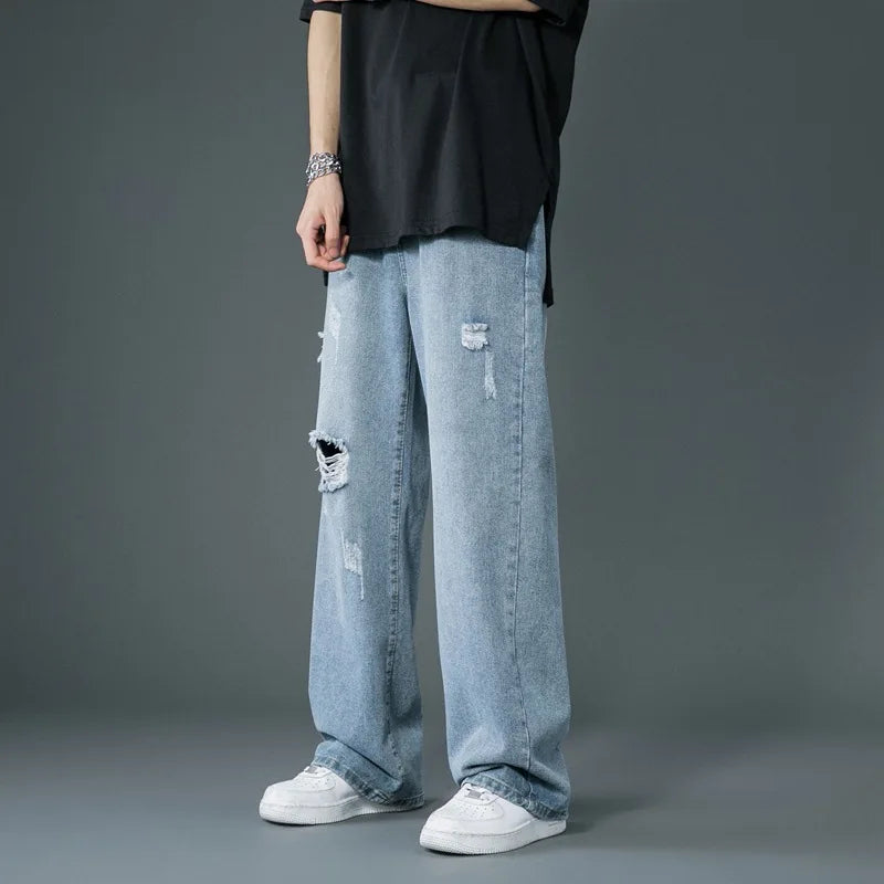 Ripped Jeans Men Ins Trendy Straight Leg Loose Wide Leg Pants High Waist Floor Mopping Denim Pants Versatile Casual Pants Men's
