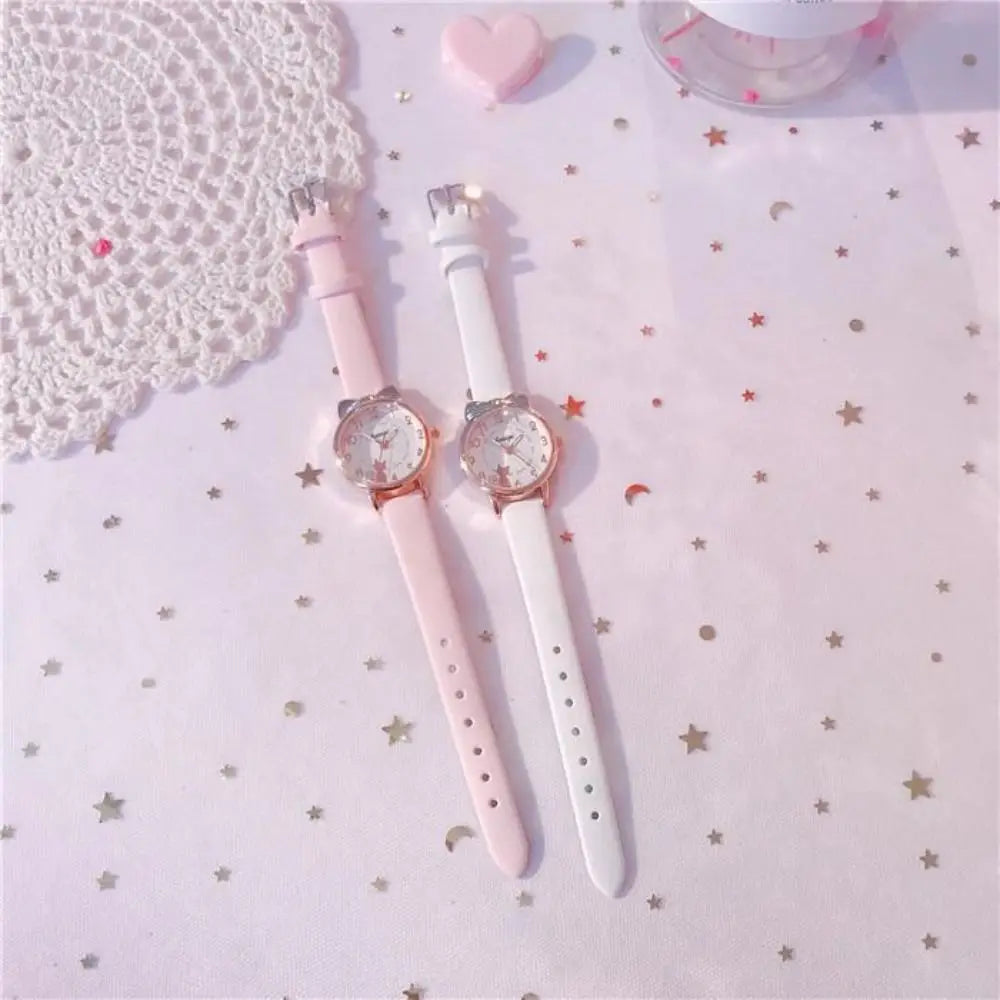 High Quality Quartz Clock Watch Bracelet Set Leather Watchband Casual Quartz Watch Cute Cat Ear Bracelet