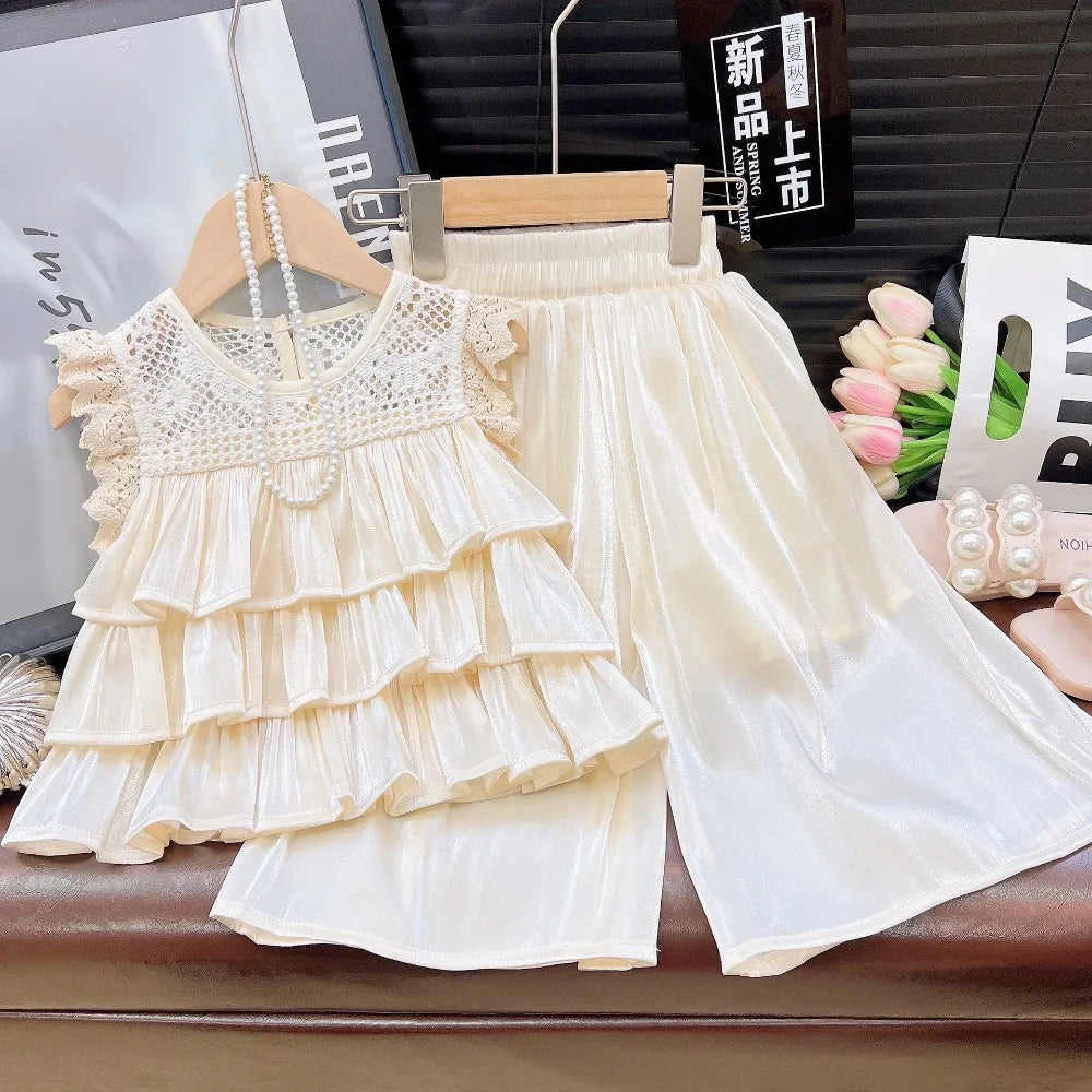 Bear Leader Summer Korean Version Girl Suits Flying Sleeve Round Neck Doll Shirt + wide Leg Pants 2-Pcs Set Kids Clothing