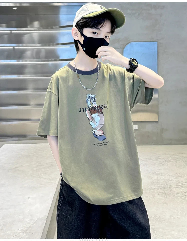 Summer Tees Tops for Teen Boy Cotton T-Shirt New Short Sleeve Fashion Cartoon Tshirts for Children Korea Kids Luxury Clothes