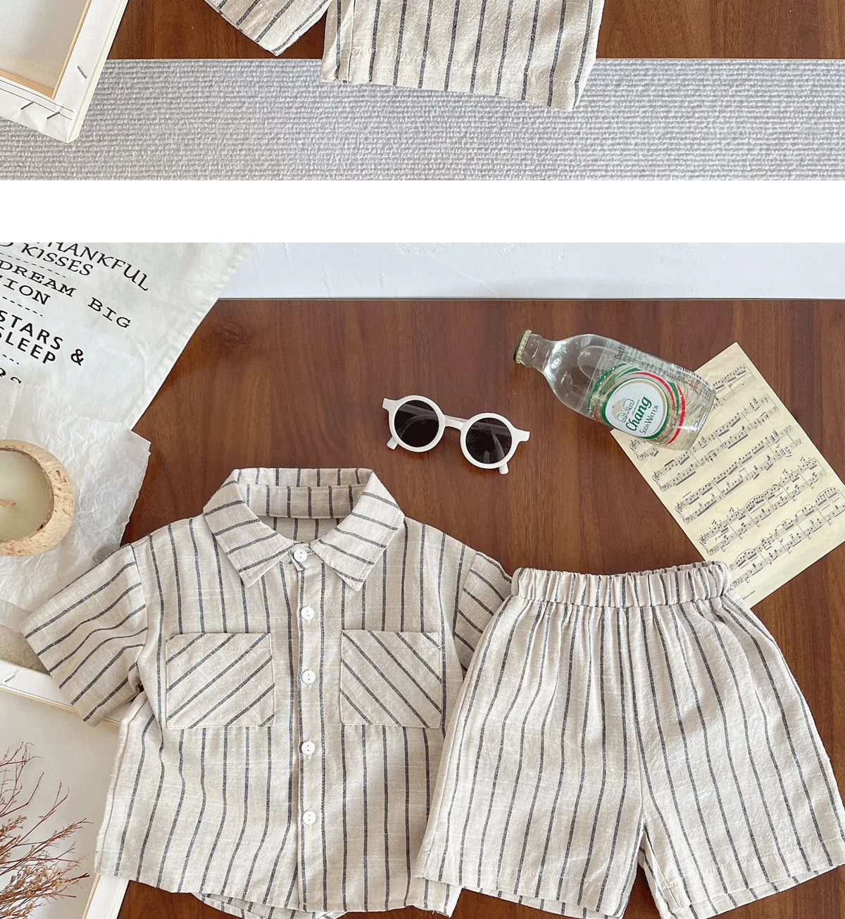 Set Children Unisex Summer New Style Cotton Stripe Pocket Shirt Polo Collar Shourts Fashion Casual Brief Versatile Korean
