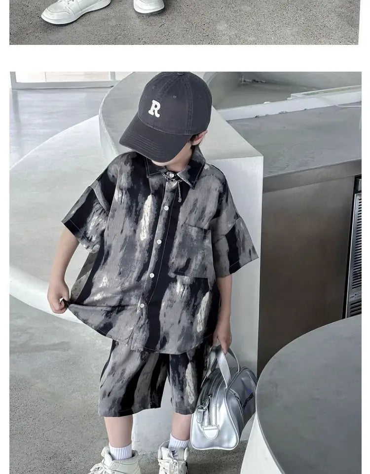 Boys Fashion Summer Tye-die Short Sleeve Shirts+Pants 2pcs Suits Years Kids Trend Streetwear Oufits Sets Children Clothing