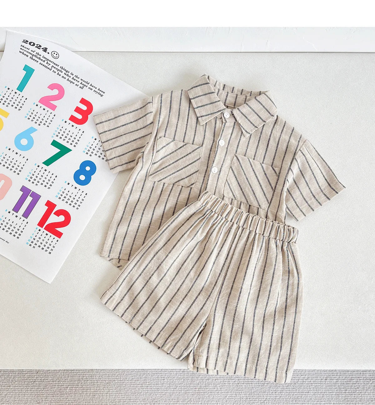 Set Children Unisex Summer New Style Cotton Stripe Pocket Shirt Polo Collar Shourts Fashion Casual Brief Versatile Korean