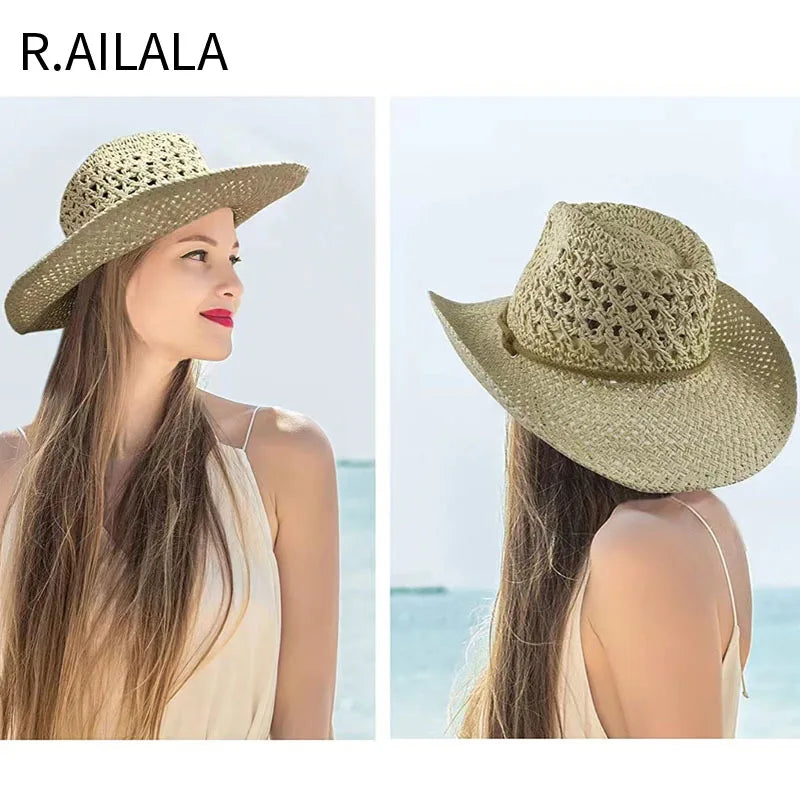 Panama Hat Summer Sun Hats for Women Man Hollow Out Beach Straw Hat for Men UV Protection Cap Chapeau Femme Women's Cowboy Hat