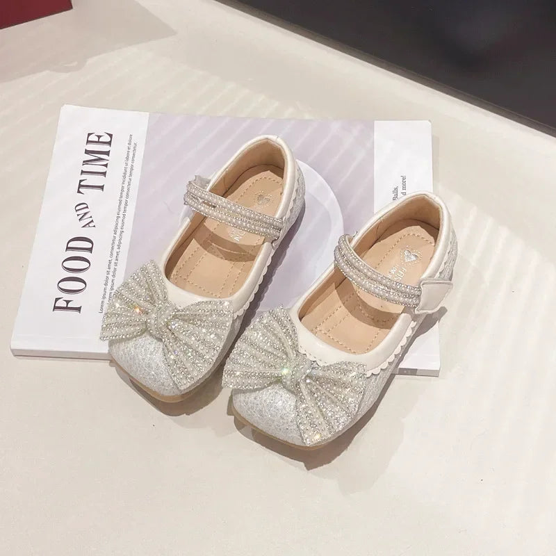 Children's Leather Shoes Bling Sequins Bowknot Princess Shoes for Girls Sweet Chic Kids Causal Wedding Shallow Versatile