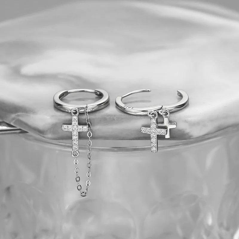 Trendy 925 Sterling Silver Earrings For Men Jewelry Classic Double Cross Drop Earrings Male Personality  Asymmetric Ear Buckle