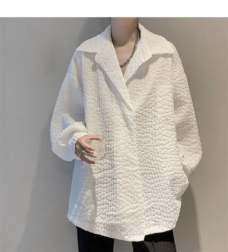 Men's White Textured Oversized Long Sleeve Shirt Loose Casual Wrinkle Fabric Button Down Blouse Fashion Streetwear Tops