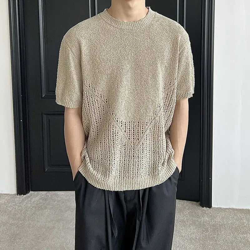 Hollow out short sleeved sweater for men and women, spring and summer new style loose and versatile knitted cardigan top
