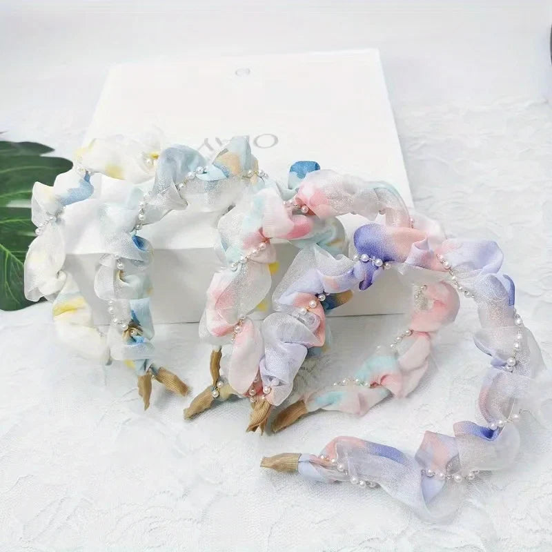 French Pearl Headband – Crinkled Fabric with Floral Print, Padded Volumizing Hairband for Women Headbands for Women