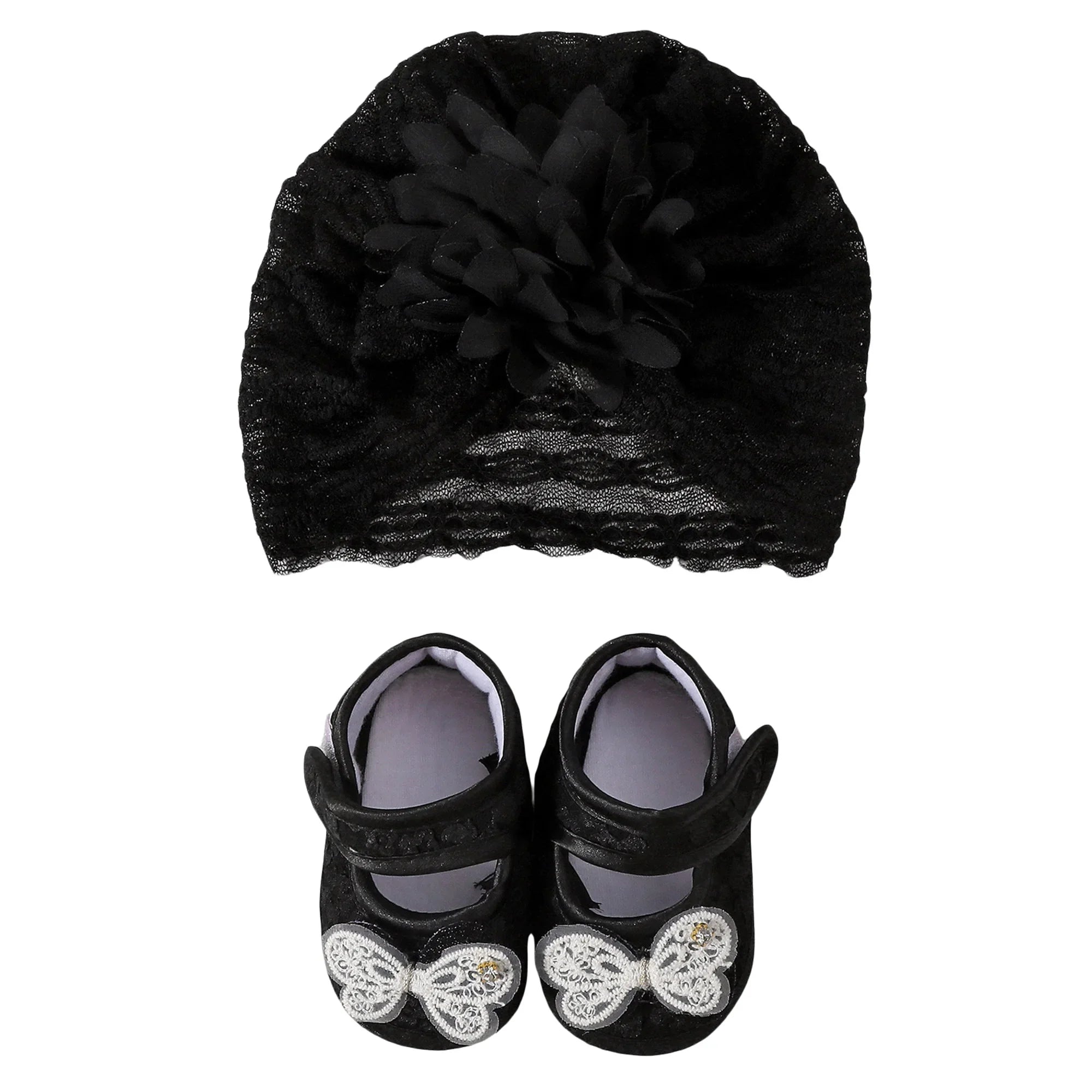 Baby Girls Princess Shoes and Turban Hat Set Bow Decor Lace Soft Non-slip Bottom First Walking Shoes