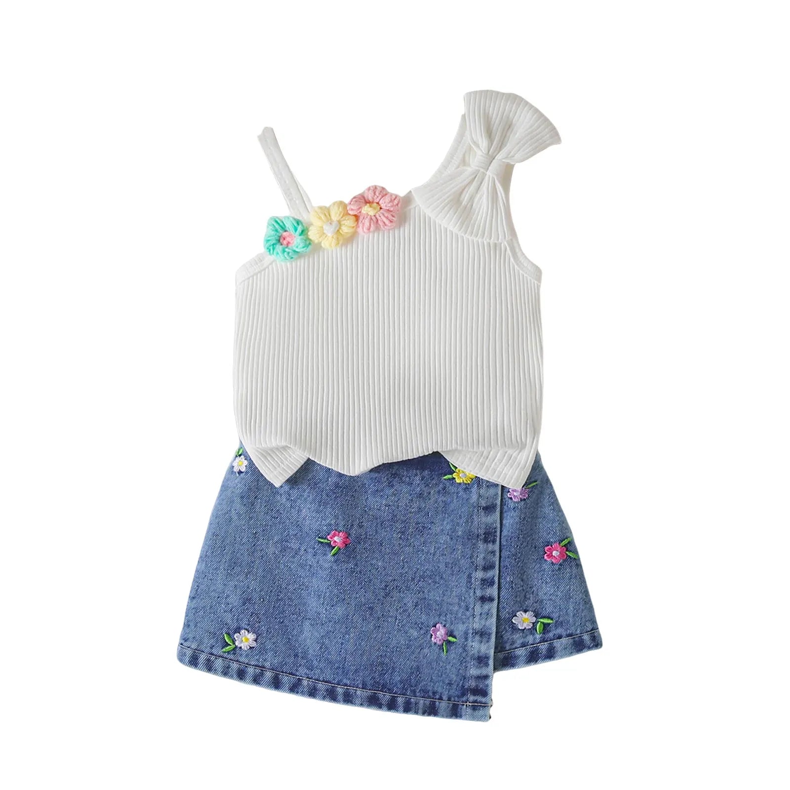 Small Fresh Jeans Skirts Sets Cute Baby Girl Comfortable And Breathable Set Cute Flower Embroidery Short Sleeve Skirt Two Piece