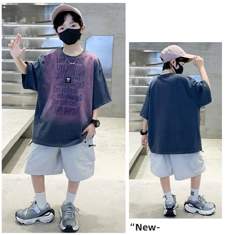 Summer Kids Outfit Sets for Boys Short Sleeve T-shirt Shorts 2PS Clothing Set Tweens Child Tracksuit Top and Bottom Clothes Set  (Available)