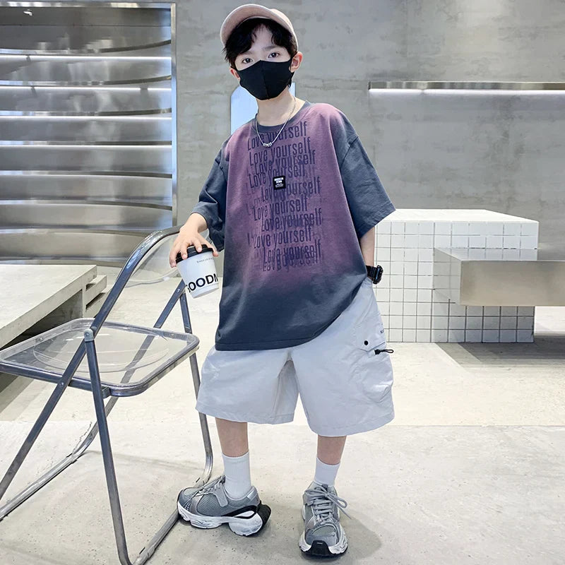 Summer Kids Outfit Sets for Boys Short Sleeve T-shirt Shorts 2PS Clothing Set Tweens Child Tracksuit Top and Bottom Clothes Set  (Available)