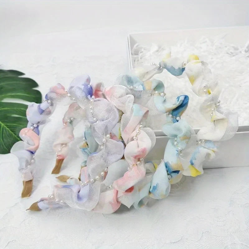 French Pearl Headband – Crinkled Fabric with Floral Print, Padded Volumizing Hairband for Women Headbands for Women