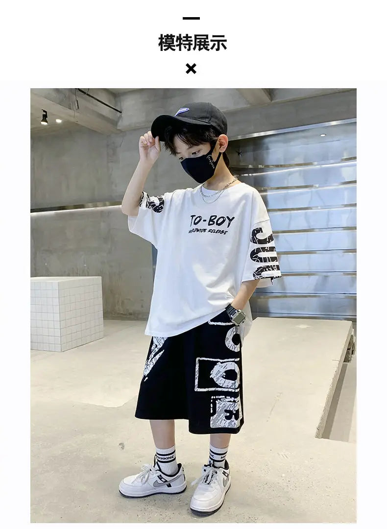 Boys Summer Trendy Casual Sports 2pcs T-shirts+Pants Suits 3-14 Years Teenage Boys Hip Hop Style Fashion Outfits Clothes Sets (Available)