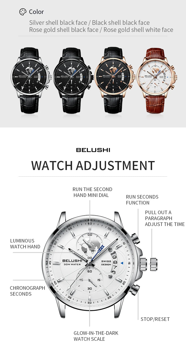 Mens Watches Waterproof Chronograph Sports Watches Men Quartz Wristwatches Brand Luxury Leather Watch For Men Casual Business