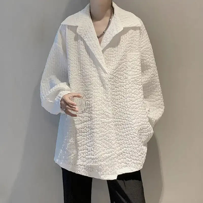 Men's White Textured Oversized Long Sleeve Shirt Loose Casual Wrinkle Fabric Button Down Blouse Fashion Streetwear Tops