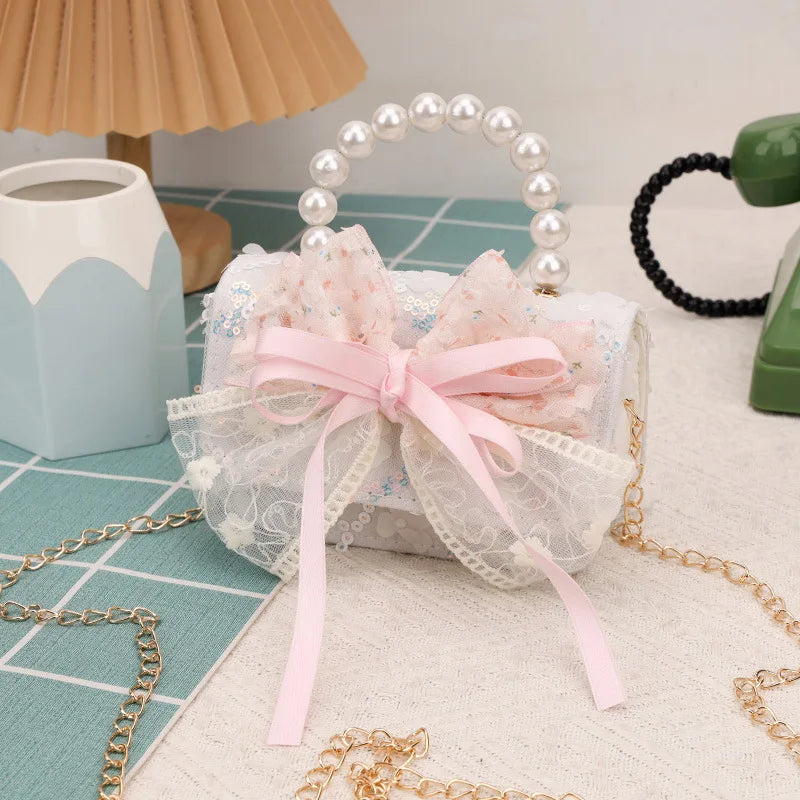 Cute Sequin Bow Kids Mini Square Shoulder Bags Versatile Children Chain Crossbody Bag Lace Girls Pearl Handbags Clutch Purse