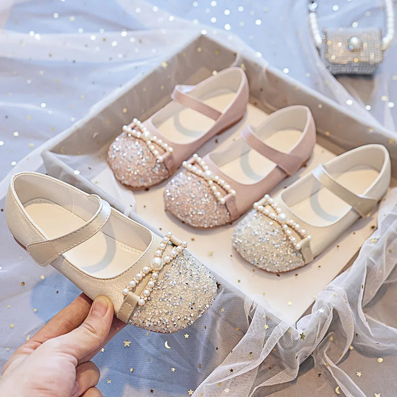 Girl Princess Shoes 2025 Spring and Autumn Crystal Shoes Rhinestones Single Shoes Baby Small Leather Shoes Soft Soles with Dress