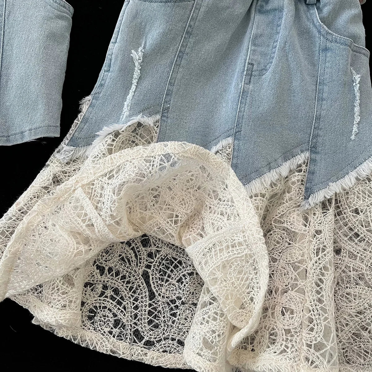 Girls Baby Summer Clothing Set Denim 4pcs Suits Top Vests+Tees+lace Skirts+Belt,fashion Kids Children Birthday Casual Clothes