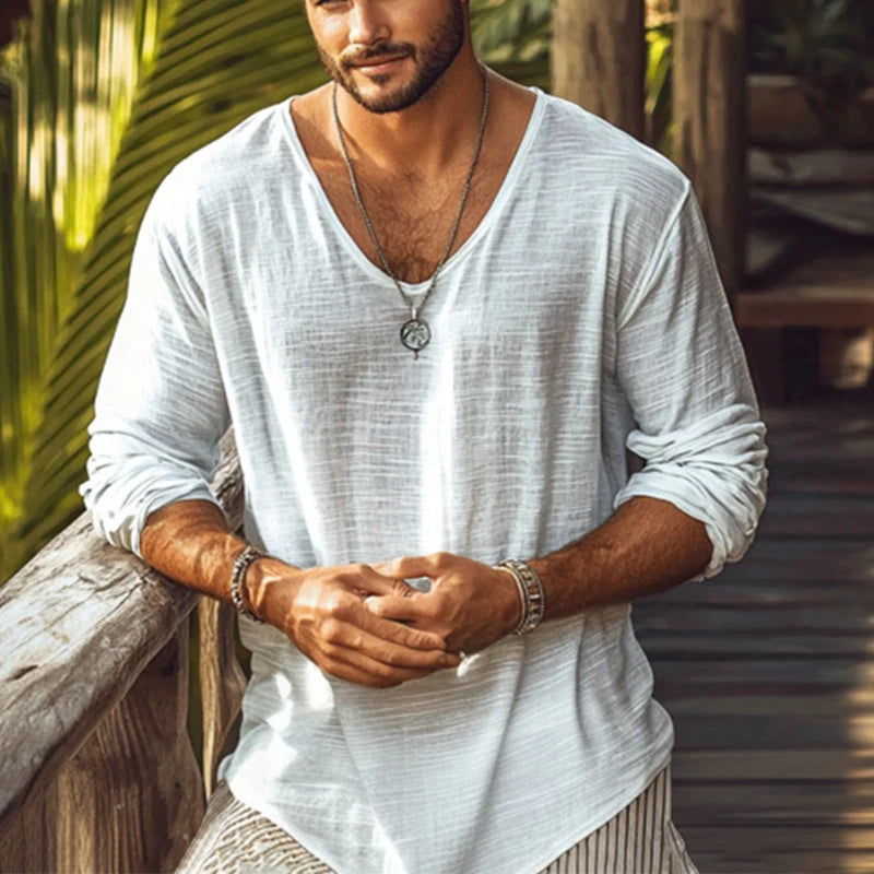 2025 Spring Summer Breathable Thin T-shirts Mens Casual Solid Color Long Sleeve Pullover Tops Men Leisure Loose V Neck T Shirt