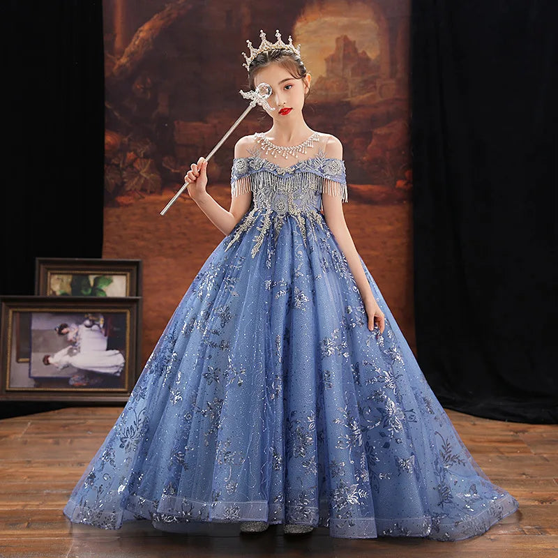 Girl Elegant Off Shoulder Dress Fashion Runway Show Luxurious Princess Dresses for Girls Birthday Party Long Kids Vestidos (Available)