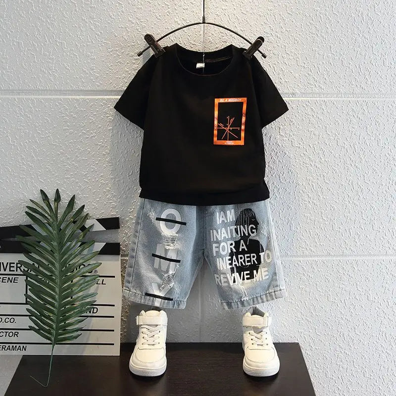 New Boys Sleeveless Vest Denim Shorts 2PC Sets Outdoor Festival Clothing Vintage Print Kids Miracle Design 2-10 Years White Tops