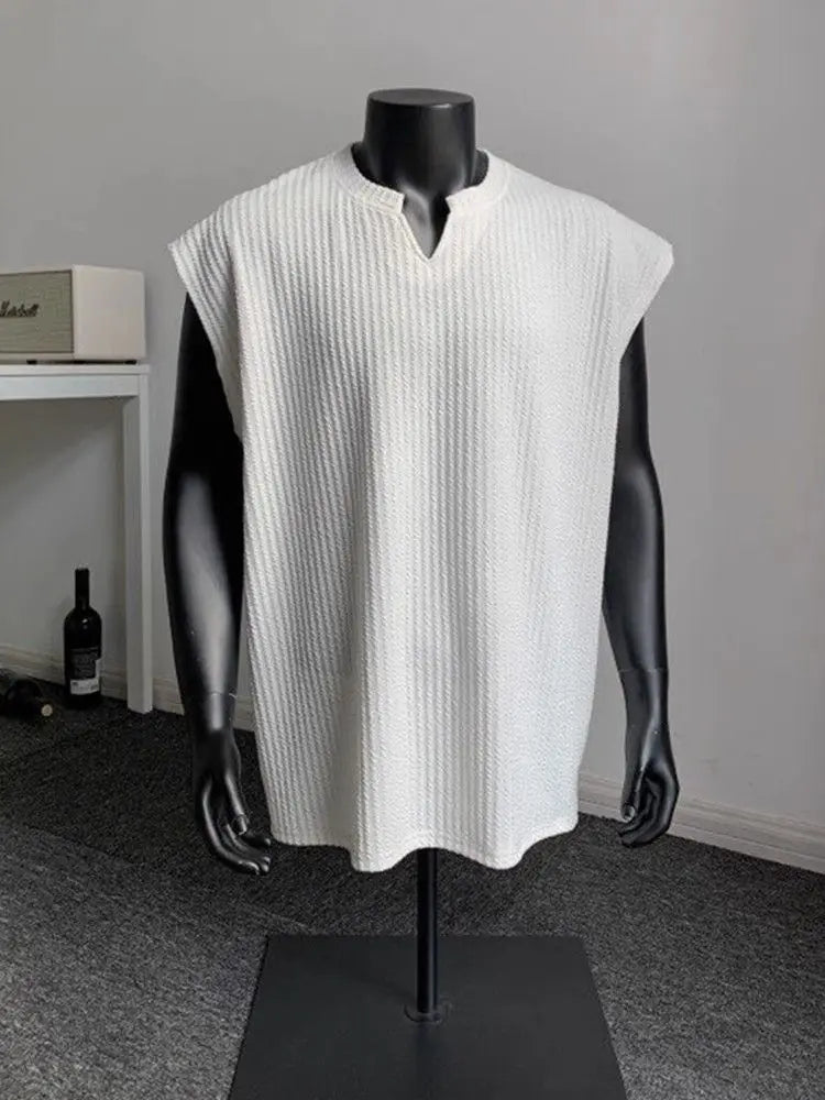 Striped Vest Men's Summer American Sleeveless V-Neck T-Shirt Textured Solid Fitness Sweatshirt