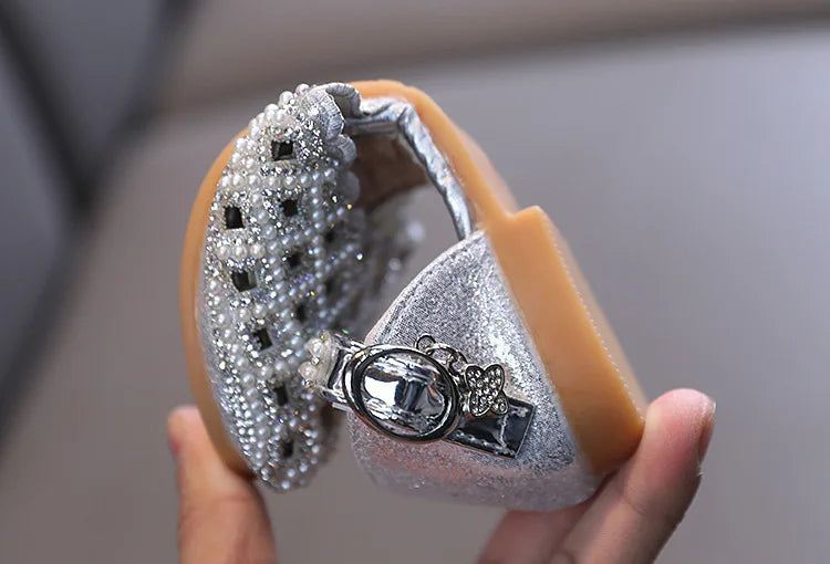 Children Spring Summer Korean Version Dance Shoes Girls Pearl Show Shoes Girl Rhinestone Princess Lace Leather Shoes Solid Color